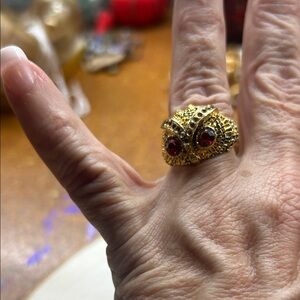 Intricate Gold Owl Ring with Ruby Highlights